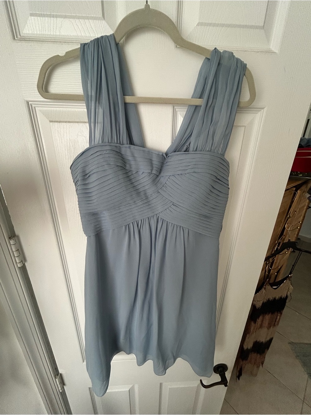 BCBGMaxAzria Pleated Chiffon Mini Dress in Light Blue